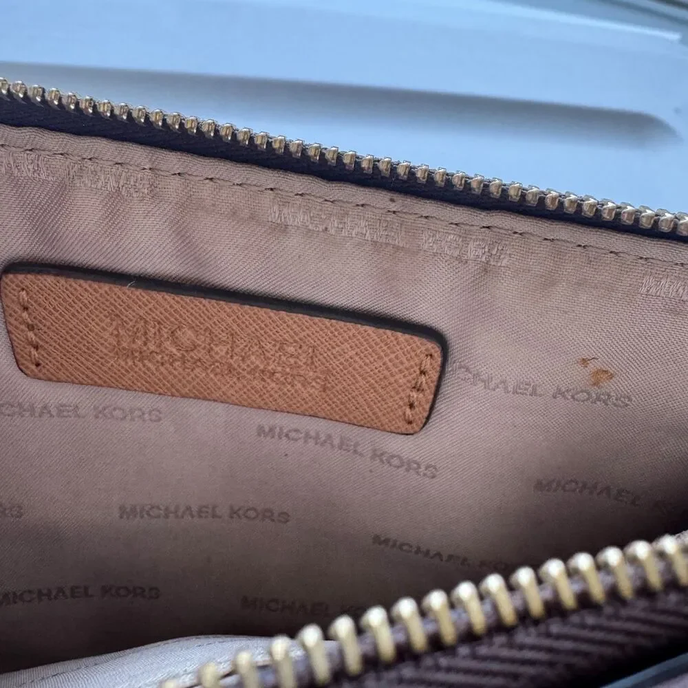 Michael Kors Bedford Double Zip Clutch Dark Brown Logo Signature Monogram